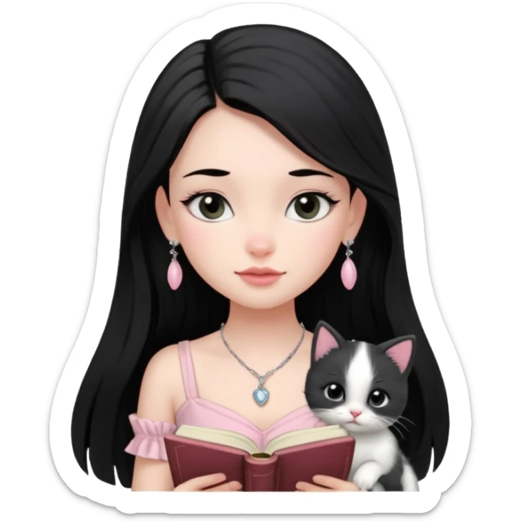 Menina branca ,cabelos cor preta longos, olhos cor preta puxados para cima. Cílios longos, lábios grossos ,nariz pequeno ,vestido rosa claro de alça. Colar e brinco delicado. Lendo um livro com gatinho preto e branco. sticker