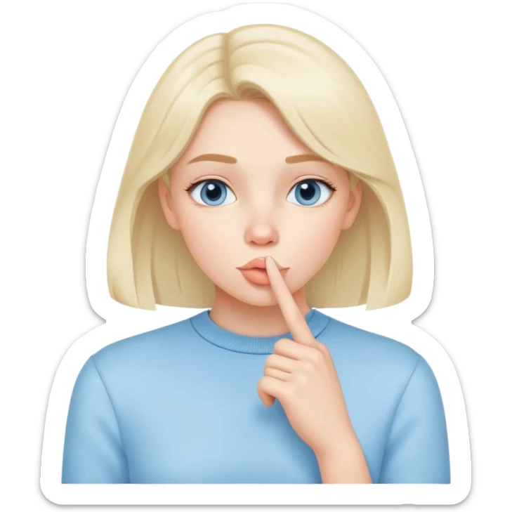 girl wearing pastel blue clothes with finger on lips making a quiet shh gesture sticker
