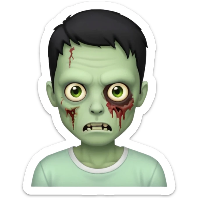 Rosto de frente classico de zombie boca meio torta cabelos pretos no corte low fade com pele verde clara camiseta branca sticker