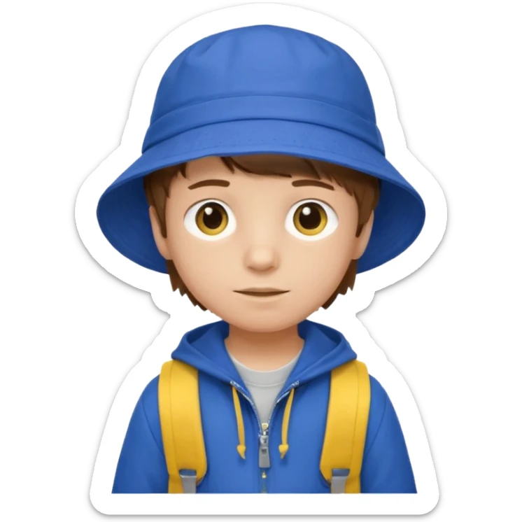 Little student, brown hair boy, wears blue bucket hat and jacket, yellow backpack, shy sticker