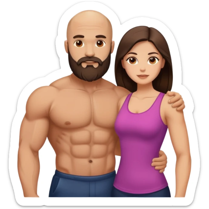 Muscular Bald man with a beard loving his young beautiful brunette wife  sticker