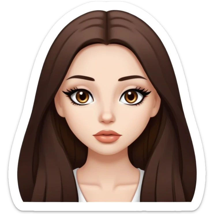 pretty baddie, brown straight hair, cute lips, pale skin, long hair, dark brown eyes, bold black eyeliner sticker