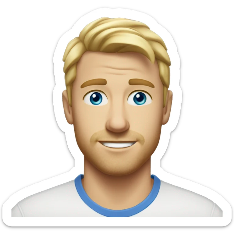A head and shoulders shot of a 33 year old White man, with short blonde hair,   with blue eyes wearing a t-shirt. sticker
