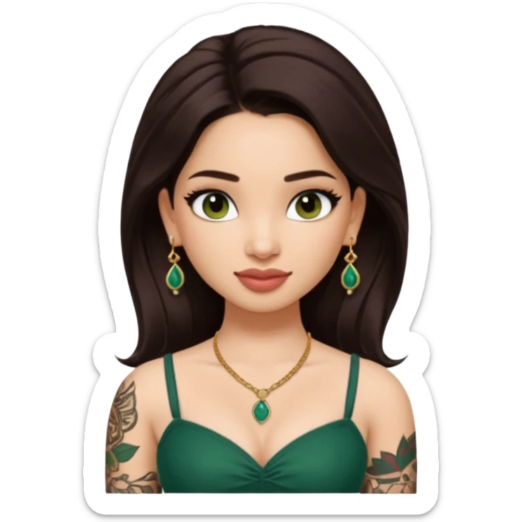 pretty bratz genmoji that looks like tamannah bhatia (bollywood actress), wearing a dark green sweetheart neckline top, dark brown hair, light makeup, no necklace, dangly earrings, side hair part, dark brown eyes, with full tattoos and neck tattoo big sticker