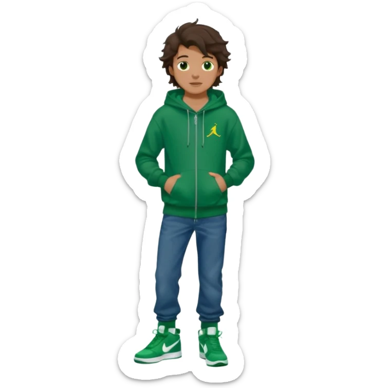 a 14 year old slightly tanned teenage boy with dark brown tousled wavy hair, dark brown eyes wearing a green tshirt, a dark green hoodie, blue jeans and green nike air jordans sticker