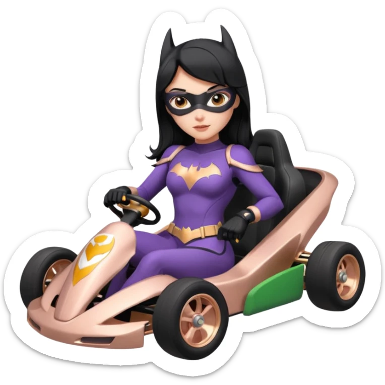 full size real-appearance electric road racing sexy BatGirl’s feminine midnight-colored tight outfit sixty’s tv show dark stealthy accurate sporty safe plush deluxe off-road pursuit cruiser car rose gold accents (black hair,reclined and relaxed torso and shoulders seating position) go kart  sticker