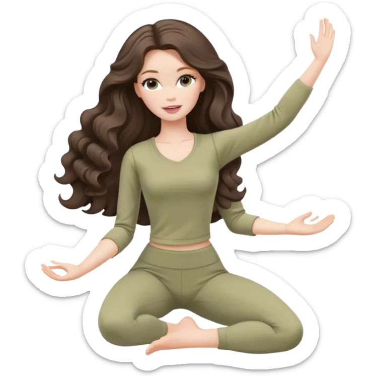 A white Barbie girl with long dark brown wave hair in a pale olive clothes doing stretching  sticker