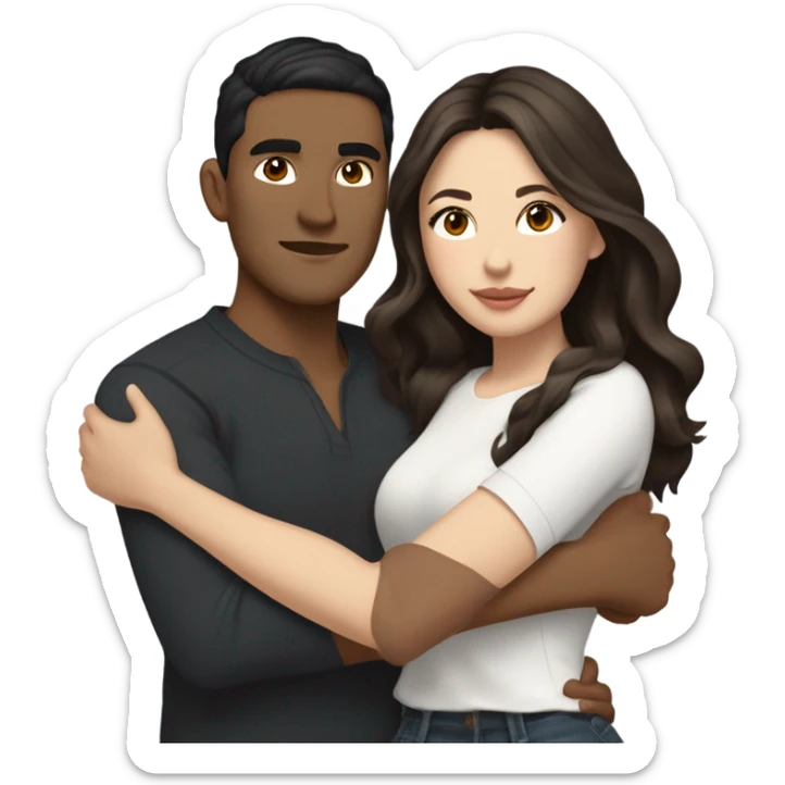 A pale half Asian man with short dark hair and amber eyes embracing and loving a white woman with long wavy brunette hair and dark hazel eyes. They love each other a lot And have good fashion taste and are hugging each other tight  sticker