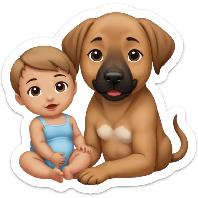 Black mouth cur sitting next to a baby with dimples and brown hair sticker