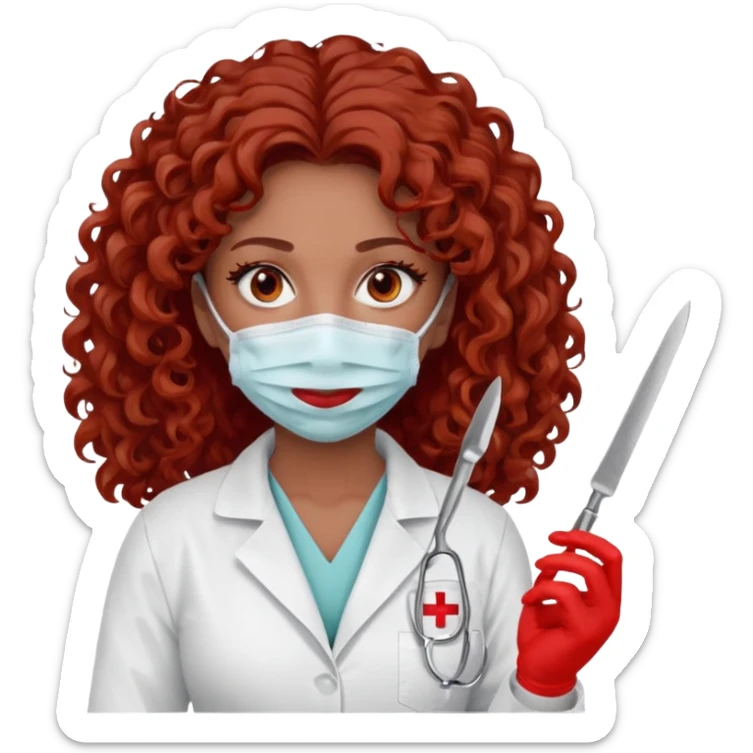 Scary woman scalpel in hand, evil surgeon sexy surgeon clothes.  She has red eyes. Her  brown long curly hair. Wears sexy doctor outfit with red gloves. make her hair free and brown but have mouthy  wear  mask  to hide. Wears white surgeon jacket and  has lon* brown hair. sticker