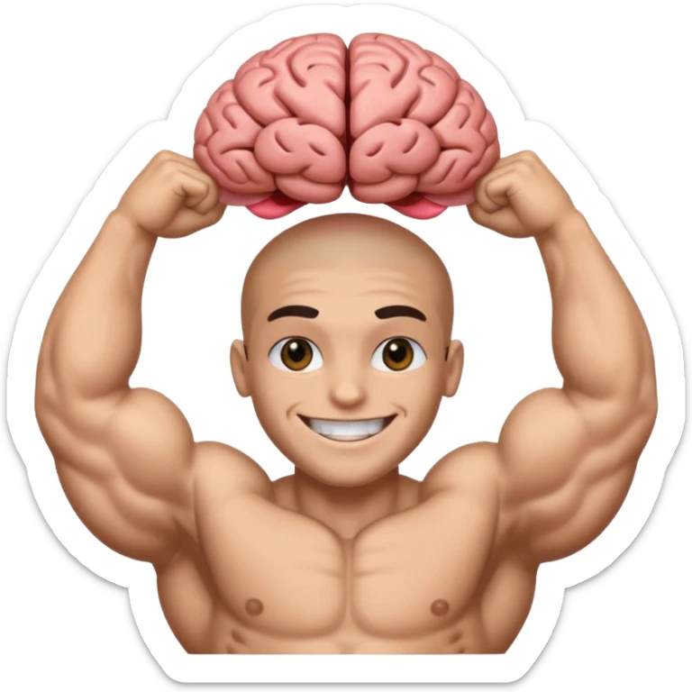 Un cerveau avec un immense sourire blanc, de beaux yeux noirs et de gros bras musclés qui sortent du cerveau sticker