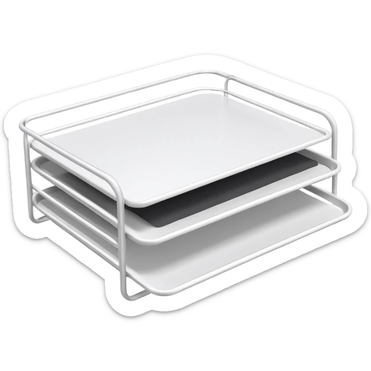 A minimal, clean emoji-style illustration of a white metal desk paper organizer tray, shown in slight isometric view so its structure is readable at a small scale. The organizer is rectangular with rounded corners, made of thin white metal wires, forming two to three stacked horizontal slots.
 sticker