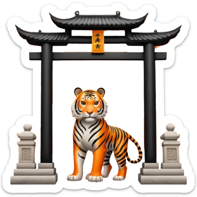 Traditional Chinese ink painting style emoji. A powerful tiger (like the ancient character 虎), standing guard in front of mystical gates (門). Energy swirls around him like a vortex (🌀). Minimalist, transparent background, 512x512 pixels. sticker