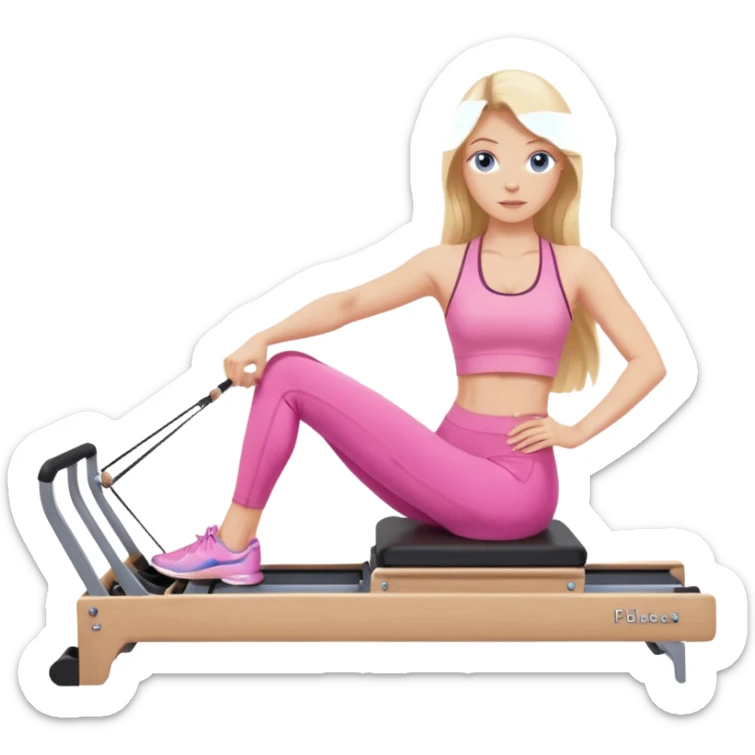  long blown out blonde hair woman blue eyes wearing pink workout set doing pilates reformer sticker