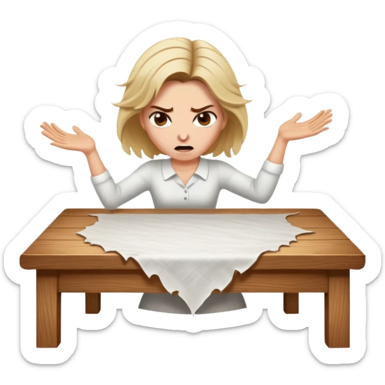 White woman ripping a white tablecloth off of a wooden table in anger sticker