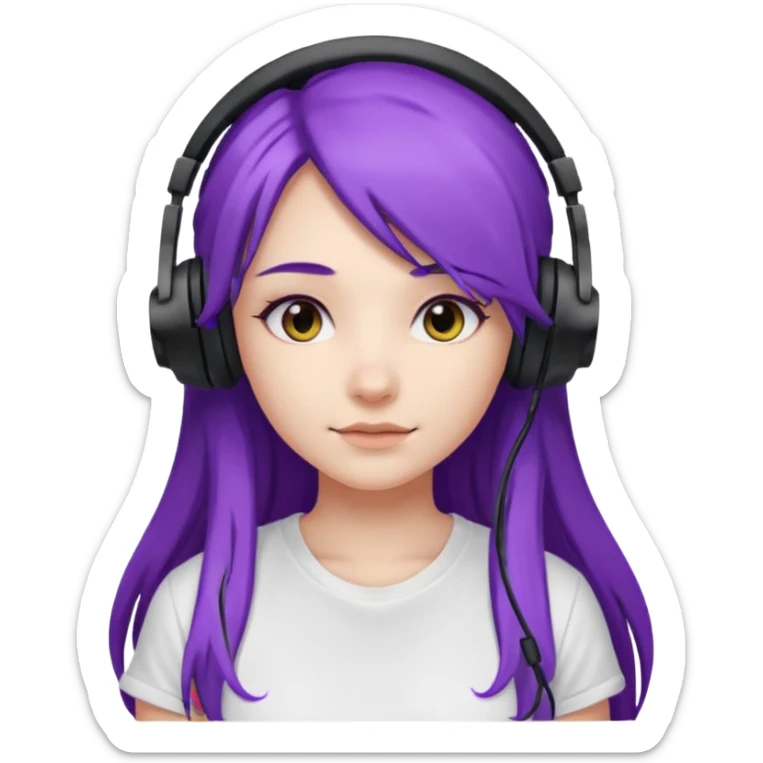 Gamer Girl with black Headset + long Purple Hair, white T-shirt sticker