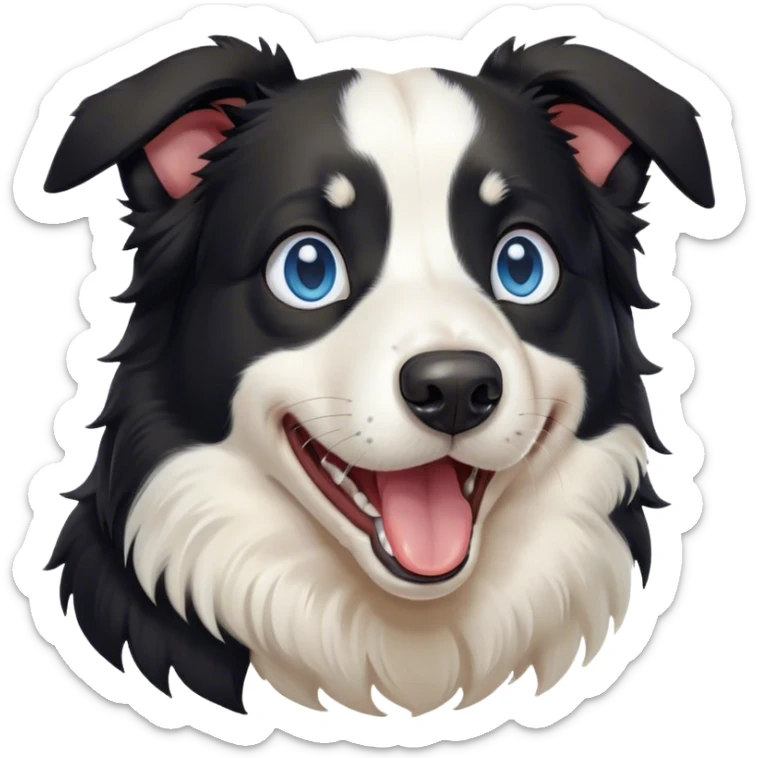 Cinematic Cute Yawning Black and White Border Collie Portrait Emoji, Head tilted slightly with a dramatic, wide-open yawn, showcasing a smooth black and white coat, floppy ears slightly drooping, round blue eyes barely open in drowsy contentment, Simplified yet irresistibly adorable features, highly detailed, glowing with a soft, cozy glow, high shine, relaxed yet alert, stylized with a touch of whimsy, bright and endearing, soft glowing outline, capturing the essence of a sleepy yet spirited herder, so drowsy it feels like it could stretch right out of the screen and curl up for a nap! sticker