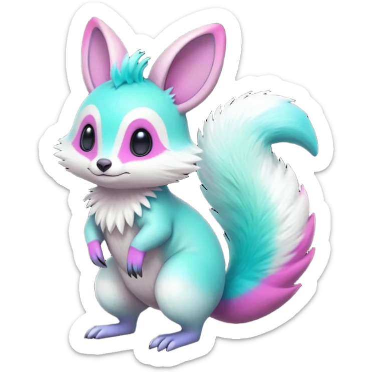 Iridescent Neon Green-Cyan-Magenta-gradients Minccino-Emolga-Numbat-Sergal-fusion-hybrid-animal-creature, full body sticker