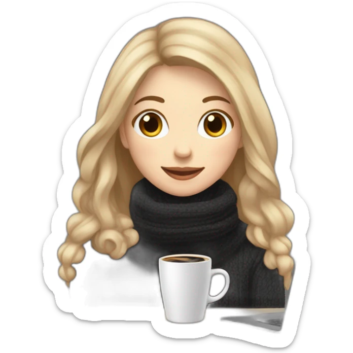 eyes closed smiling woman with pale skin brown long straight hair peeking from behind a laptop holding a large coffee mug wearing a black woolly shirt and a black woolly scarf sticker