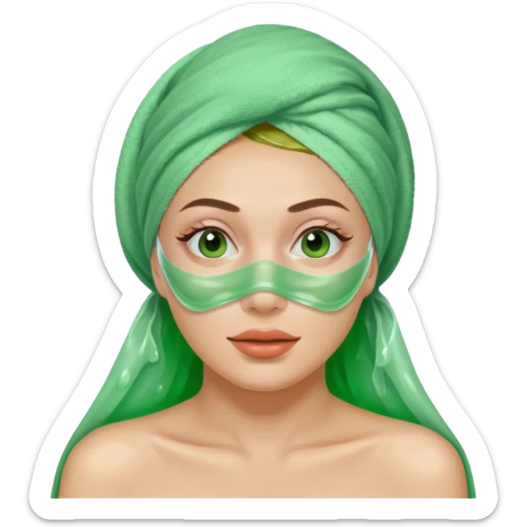 Woman with a towel over her head and green jelly mask all over her face sticker