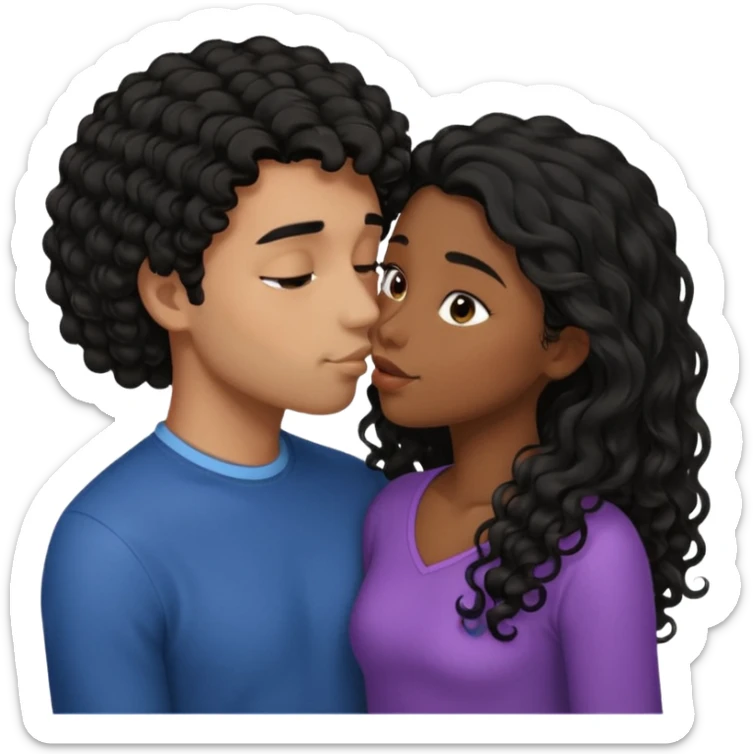 a straight short black hair man kissing a shorter girl with long black curly hair sticker