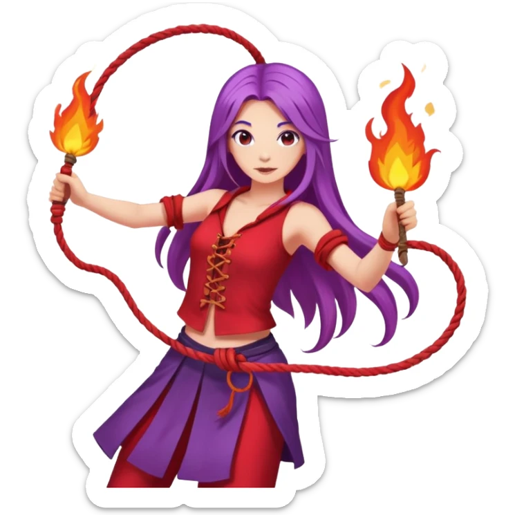 Fire rope poi dance, girl with long purple hair, red clothes sticker
