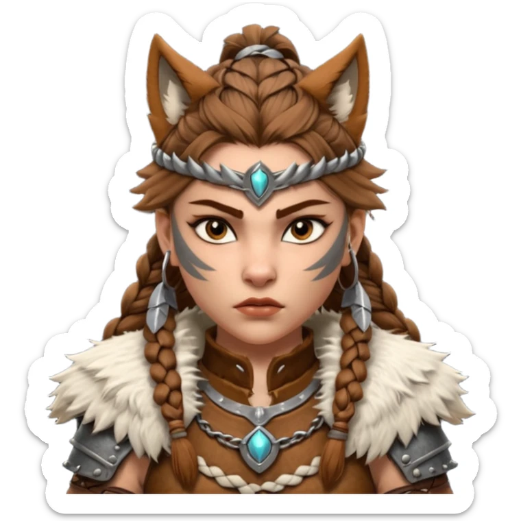 barbarian woman wolf rider portrait, head and shoulders only, fierce female warrior, fur-lined barbarian armor collar, wolf fur details, wild braided hair, intense eyes, tribal warrior vibe, fantasy style, 3D cartoon, mobile game icon style, clean background, no text, no watermark
 sticker