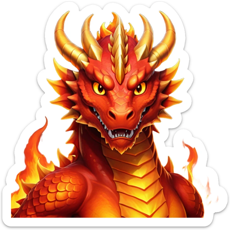 cinematic-noble-fierce-fire-dragon-portrait-emoji,-poised-and-imposing,-with-a-muscular,-scaled-body-ablaze-in-fiery-hues-of-crimson,-molten-orange,-and-molten-gold,-and-intense,-burning-eyes-that-mirror-the-heart-of-a-volcano;-rendered in detail sticker