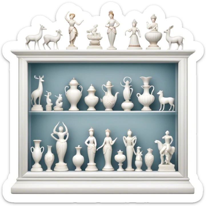 Icon for Porcelain Figurine Collecting: a collection of delicate porcelain figurines, such as animals, dancers, and historical characters, displayed on a shelf or in a display case. The icon should convey the elegance and artistry of collecting porcelain statues. Transparent background. sticker