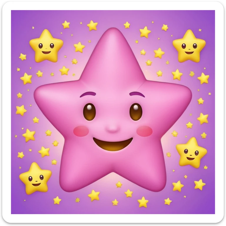 adorable pink star emoji with a smiling face, surrounded by little yellow stars, purple background sticker