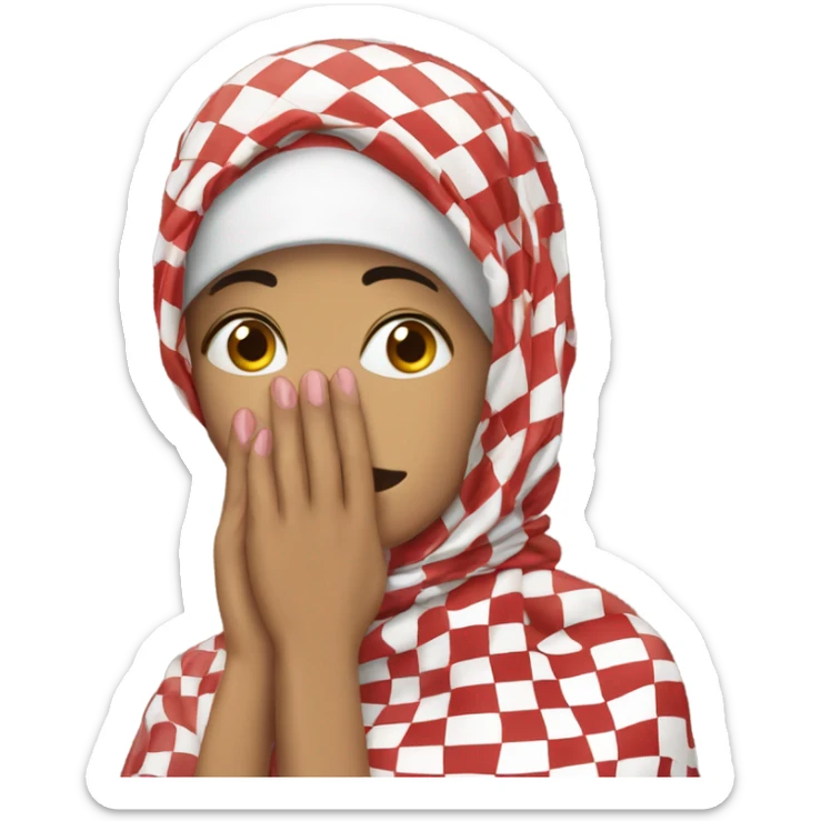 Woman wearing red and white checkered kuffiyeh hand covering mouth sticker