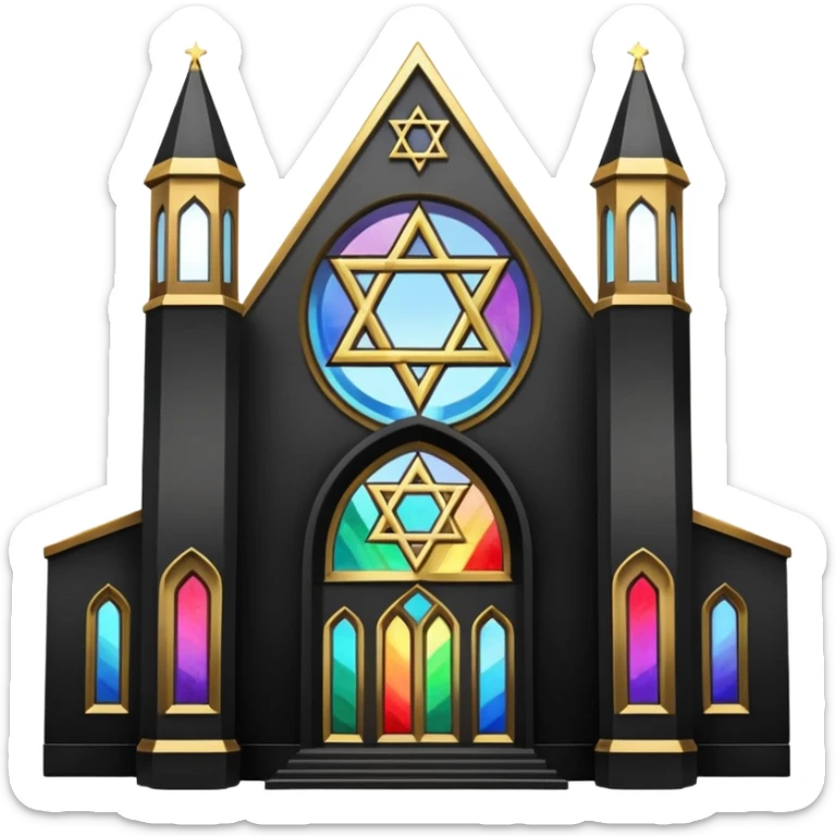 jewish synagogue temple in dark goth aesthetic style with black building and very light tint rainbow stained glass windows. and star of david and celestial symbolism sticker