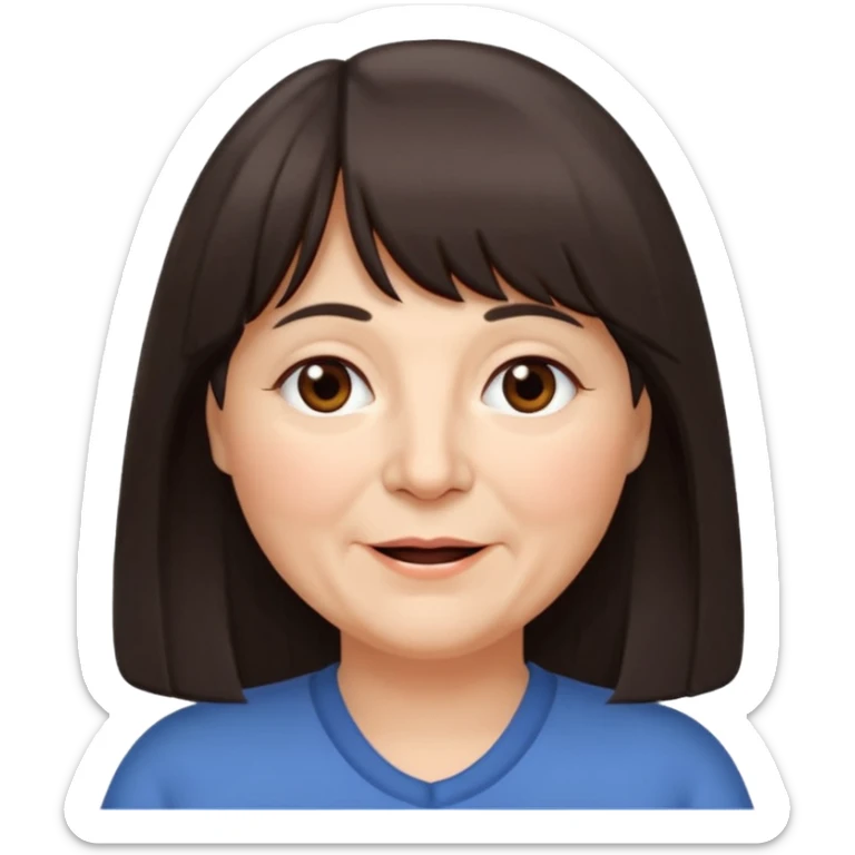60 yr old woman, long hair to waist, very small brown eyes, long hair, straight dark brown hair, bangs, chubby, long face, very tired but happy sticker