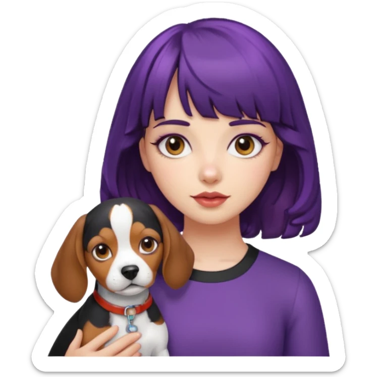 Girl with curly hair with purple and black hair and blunt bangs holding a beagle sticker
