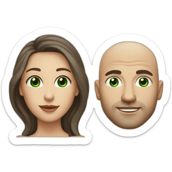 caucasian bald man with green eyes and a caucasian woman with long curly dark hair and brown eyes sticker