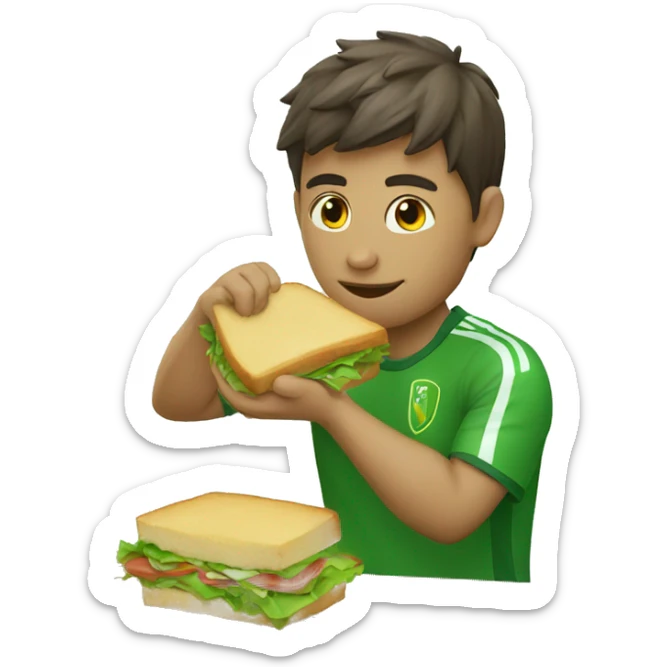 soccer player wearing a green shirt with a broom in their hand eating a sandwich sticker