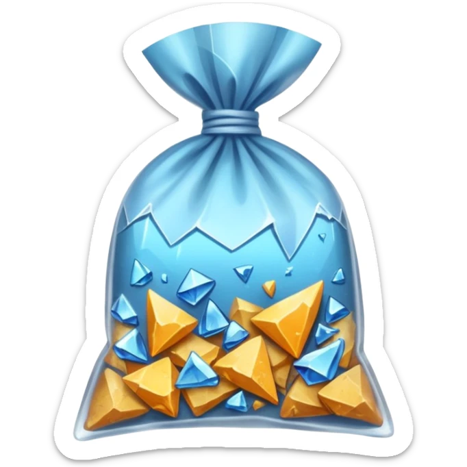 A transparent baggie tied at the top, containing crushed shards of clear glass sticker