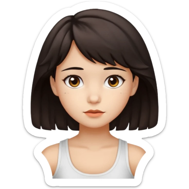 A pretty girl with dark brown eyes and short wavy dark hair with short side bangs and a neutral expression, with chinita skin and a white tank top(not sleeveless)emoji sticker