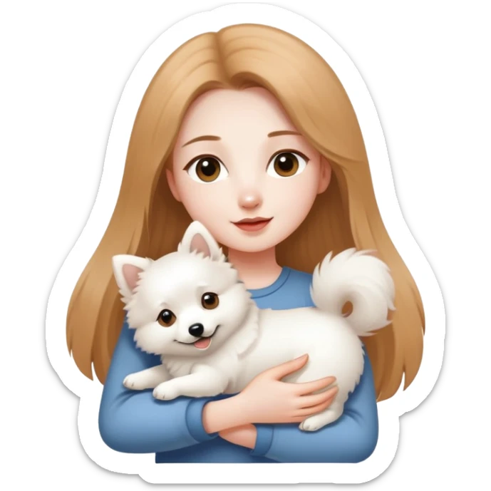 long light brown hair girl with pale skin holding one white Japanese spitz dog in her arms sticker
