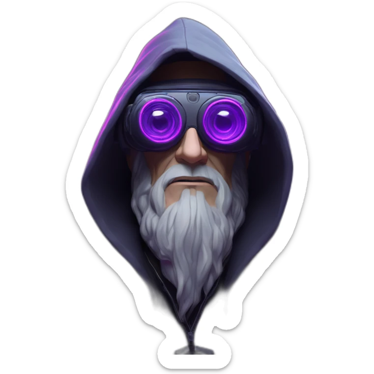 Gandalf wearing a black hoodie with "OMG" letters on it and VR headset in a cyberpunk VR environment with violet neon lighting. sticker