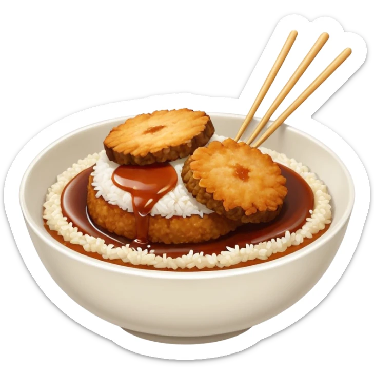 bowl filled with rice, a bit of brown sauce over the rice and a breaded pork cutlet over it. no cutlery or chopsticks anywhere sticker