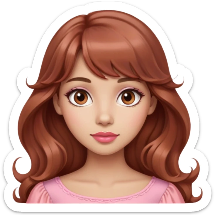 cute woman, light tan skin, big brown eyes, very long princess wavy auburn hair, bangs, pink top, coral lipstick sticker