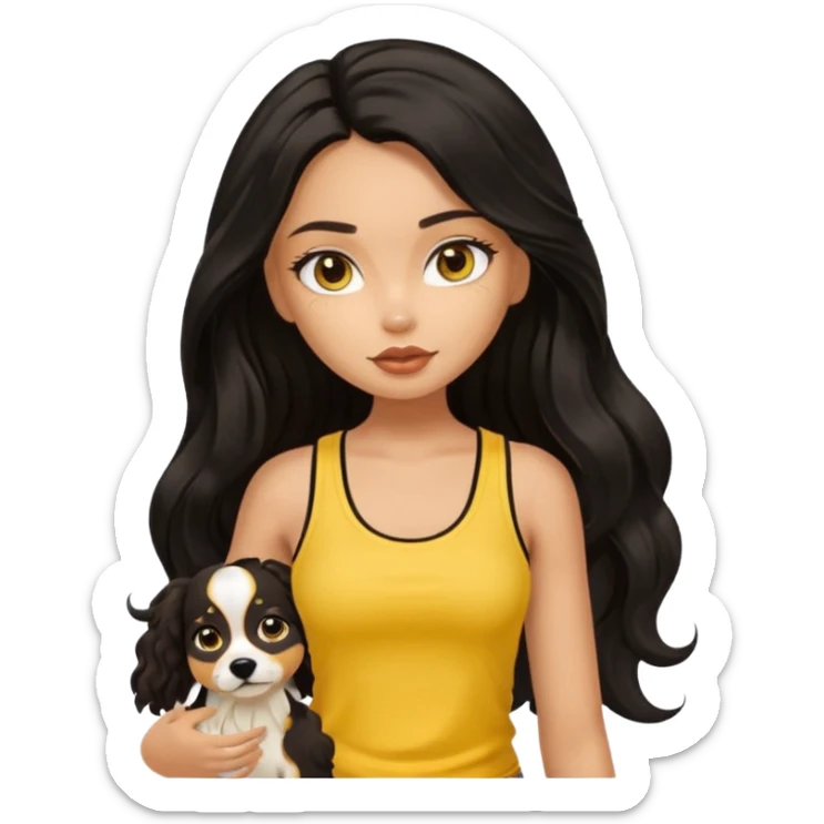 tan pretty bratz girl with long wavy black hair, wearing a yellow tank top with a dog sticker