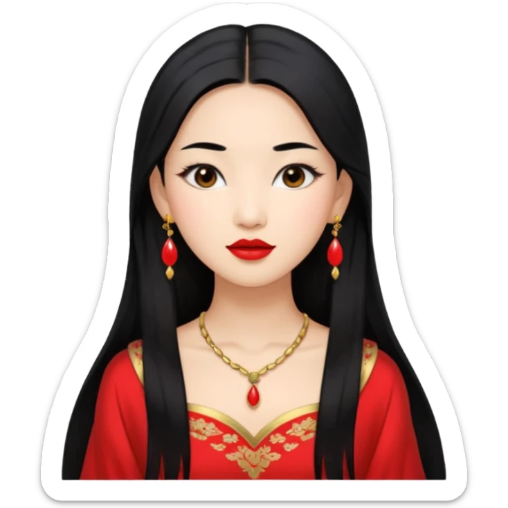 30 yr old asian woman, middle parted straight long black hair, very pretty, fancy dress, earings, red lipstick sticker