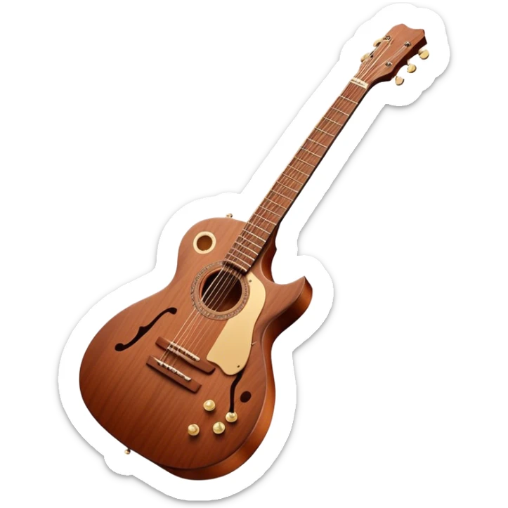 Cinematic Realistic Guitar, smooth mahogany body with deep wood grain, metal strings catching soft reflections, intricate tuning pegs gleaming subtly, warm light accentuating the contours, glowing with the warmth of music and craftsmanship. sticker
