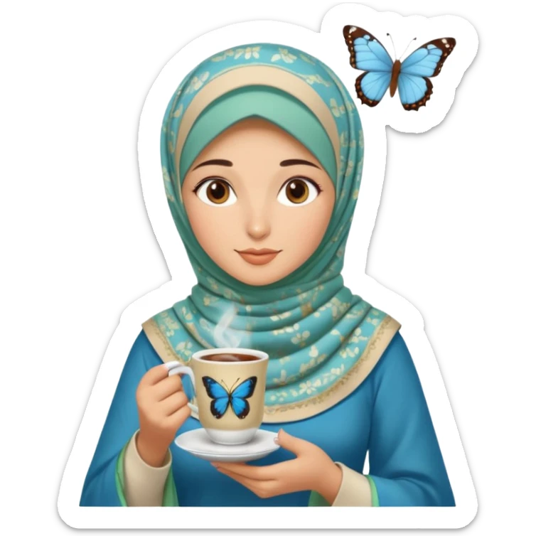 Turkish beautiful finish Konya girl blue with beige and light green hijab  butterfly islamic dress and had on her hand Turkish coffee sticker