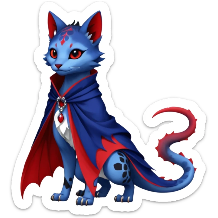 Kawaii feral, four-legged gothic badass black, red, indigo, cute beautiful pretty elegant divine edgy feline-vernid-sergal-Haku-dragon-fursona-animal-creature, full body, with intricate detailed markings, silken shawl sticker