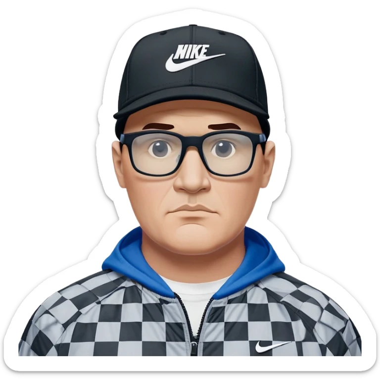 50-year-old heavyset man with very wide face and prominent square jawline wearing a black Nike baseball cap with visible Nike swoosh logo. Large dark square glasses. Serious-relaxed expression. Light gray jacket that fits his larger frame, white shirt with blue checkered pattern. sticker