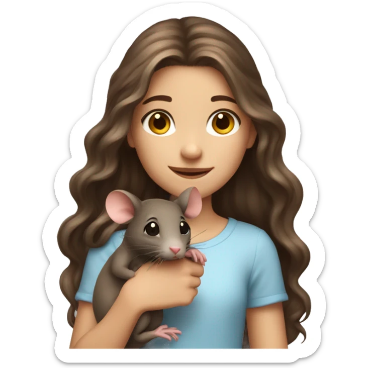 cute girl with long wavy brown hair holding rat and rat sticker