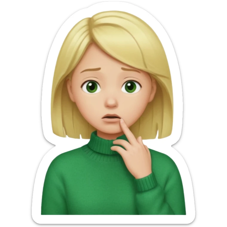 blonde girl has sore throat in green sweater with hand on throat sticker